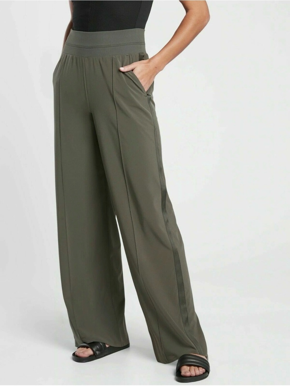 Athleta Nolita Olive Green Wide-Leg Pull-On Pants with Side Stripe